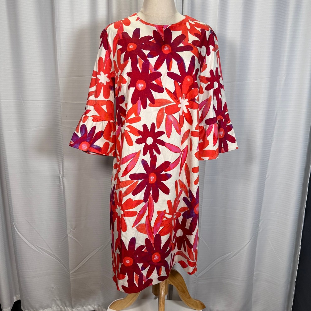 0039 Italy Maxlin Floral Cotton Bell Sleeve Shift Dress Red Pink White Size L